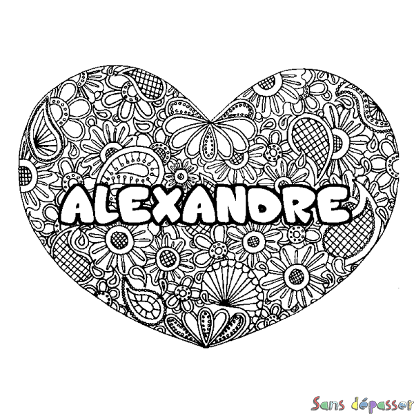 Coloriage prénom ALEXANDRE - d&eacute;cor Mandala coeur