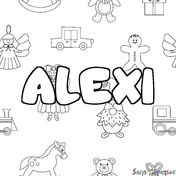 Coloriage pr&eacute;nom ALEXI - d&eacute;cor Jouets