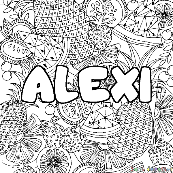 Coloriage prénom ALEXI - d&eacute;cor Mandala fruits