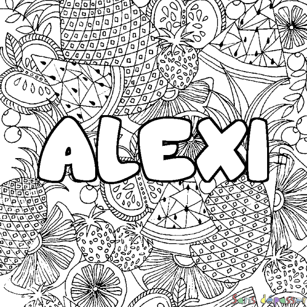 Coloriage pr&eacute;nom ALEXI - d&eacute;cor Mandala fruits