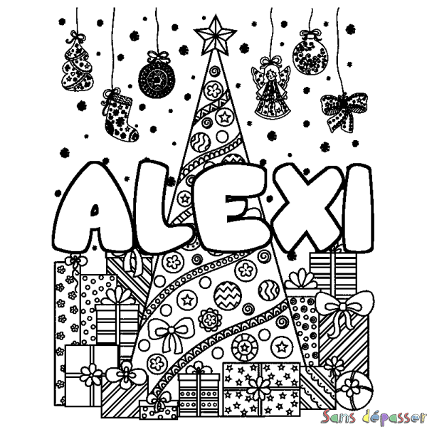 Coloriage prénom ALEXI - d&eacute;cor Sapin et Cadeaux