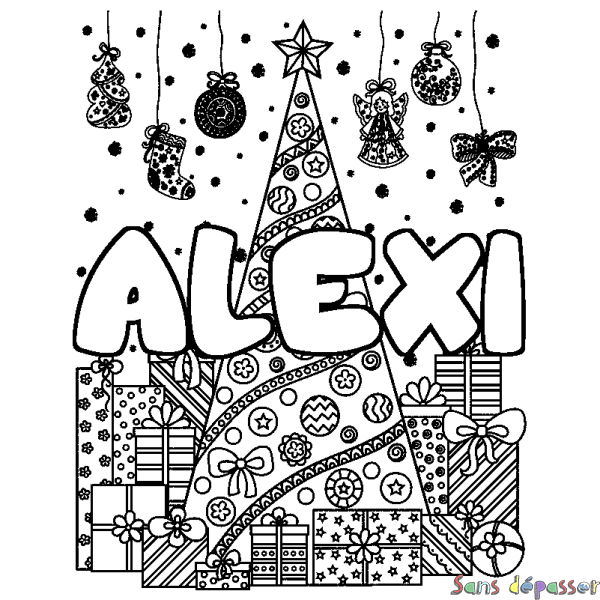 Coloriage pr&eacute;nom ALEXI - d&eacute;cor Sapin et Cadeaux
