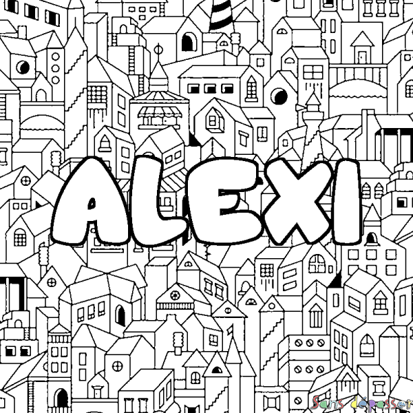 Coloriage pr&eacute;nom ALEXI - d&eacute;cor Ville