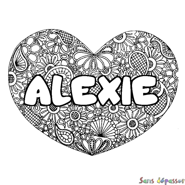 Coloriage pr&eacute;nom ALEXIE - d&eacute;cor Mandala coeur