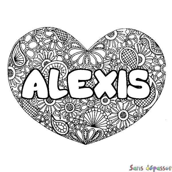 Coloriage pr&eacute;nom ALEXIS - d&eacute;cor Mandala coeur