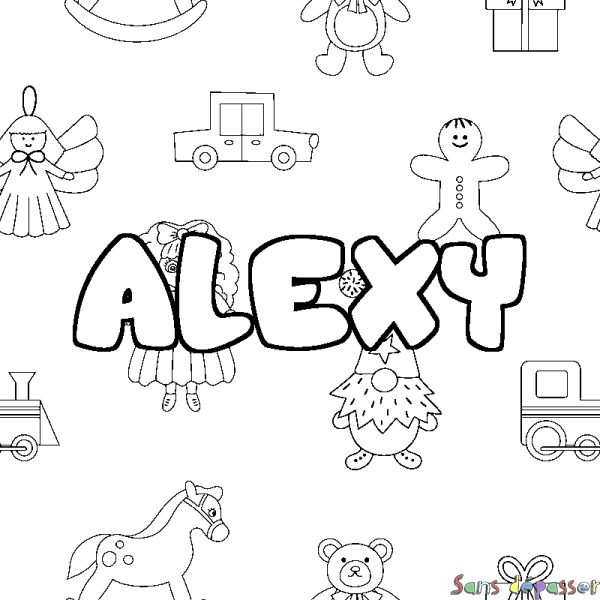 Coloriage pr&eacute;nom ALEXY - d&eacute;cor Jouets