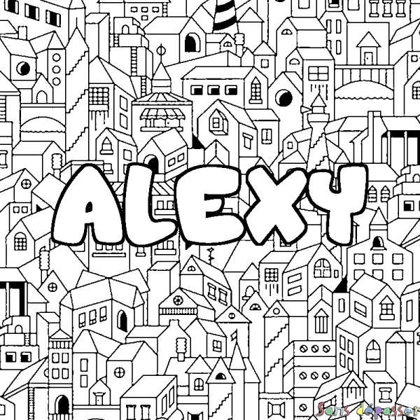 Coloriage pr&eacute;nom ALEXY - d&eacute;cor Ville