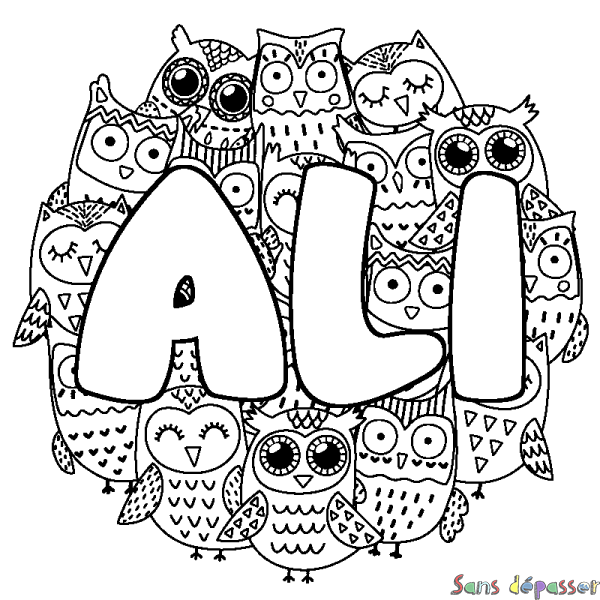 Coloriage pr&eacute;nom ALI - d&eacute;cor Chouettes