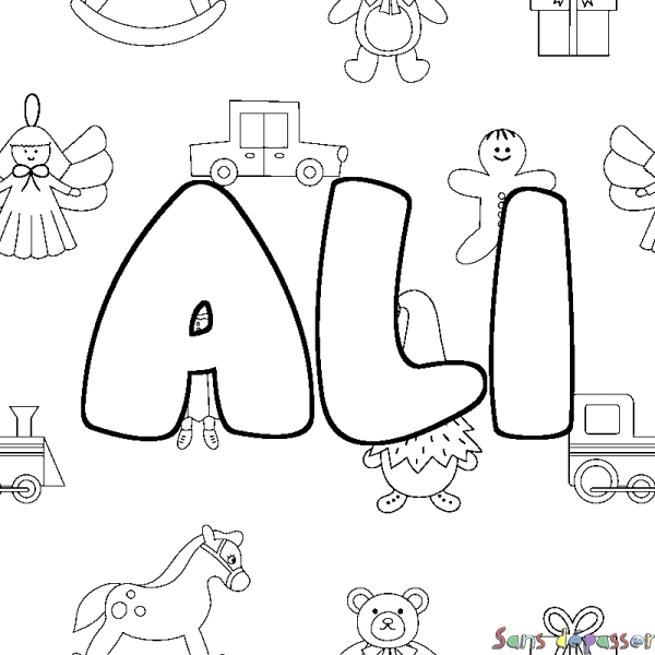 Coloriage pr&eacute;nom ALI - d&eacute;cor Jouets