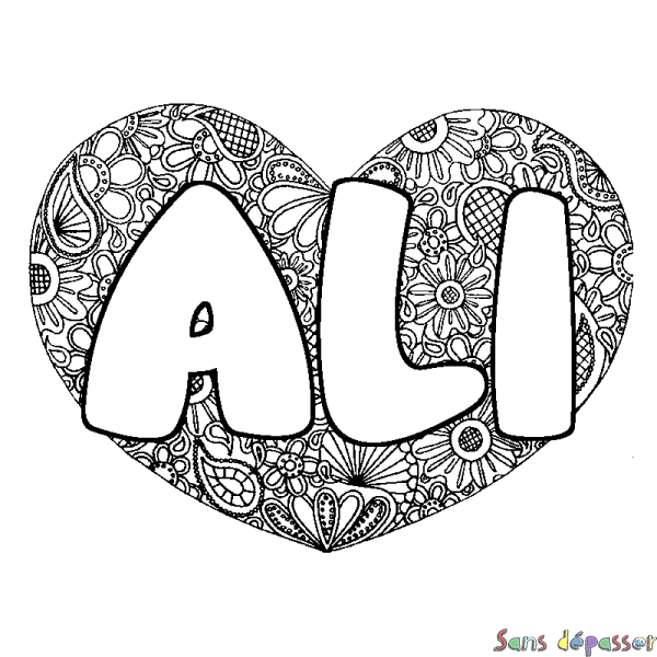 Coloriage pr&eacute;nom ALI - d&eacute;cor Mandala coeur