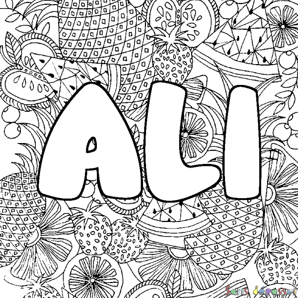 Coloriage pr&eacute;nom ALI - d&eacute;cor Mandala fruits