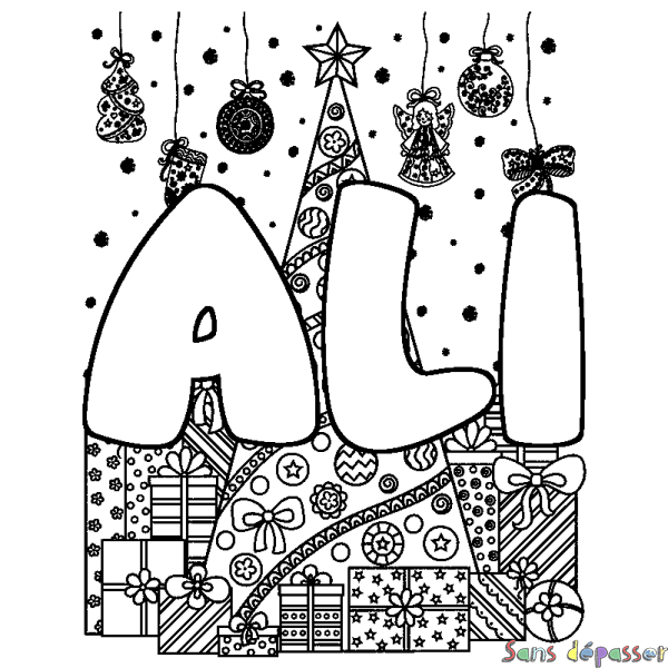 Coloriage pr&eacute;nom ALI - d&eacute;cor Sapin et Cadeaux