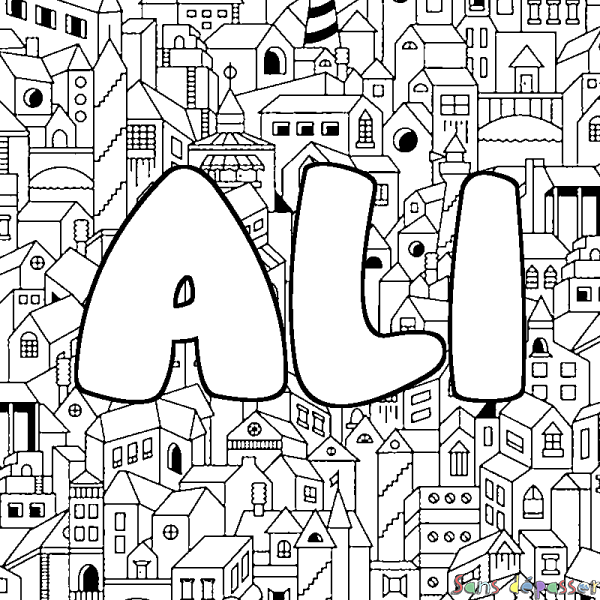 Coloriage pr&eacute;nom ALI - d&eacute;cor Ville