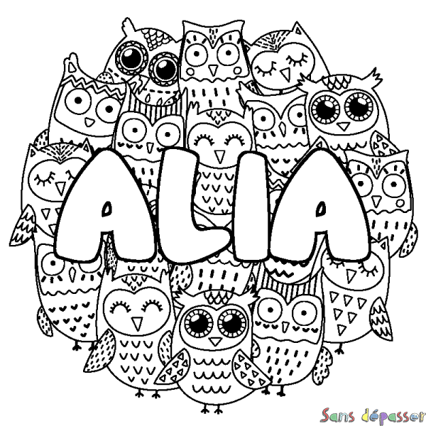 Coloriage pr&eacute;nom ALIA - d&eacute;cor Chouettes