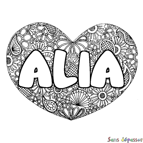 Coloriage pr&eacute;nom ALIA - d&eacute;cor Mandala coeur