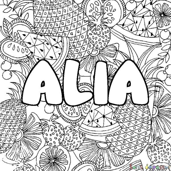 Coloriage pr&eacute;nom ALIA - d&eacute;cor Mandala fruits