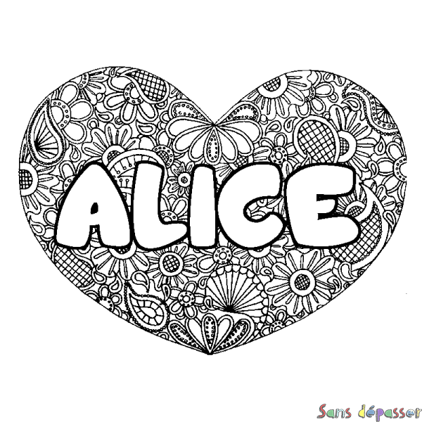 Coloriage pr&eacute;nom ALICE - d&eacute;cor Mandala coeur