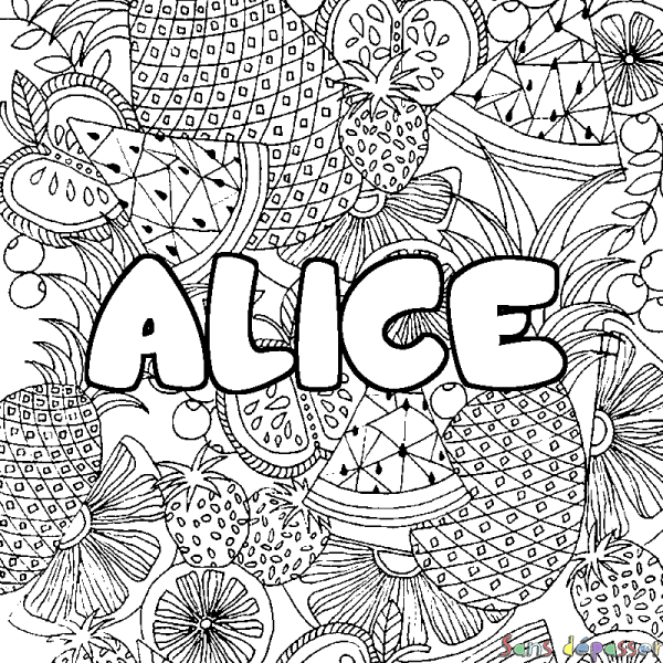 Coloriage pr&eacute;nom ALICE - d&eacute;cor Mandala fruits
