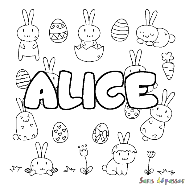 Coloriage pr&eacute;nom ALICE - d&eacute;cor Paques