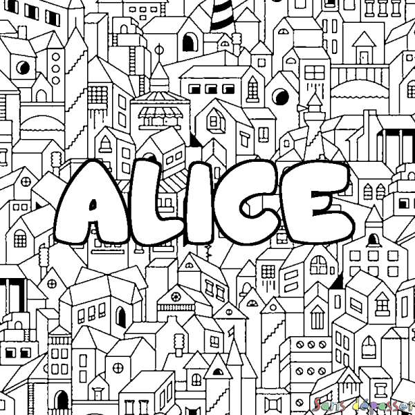 Coloriage pr&eacute;nom ALICE - d&eacute;cor Ville