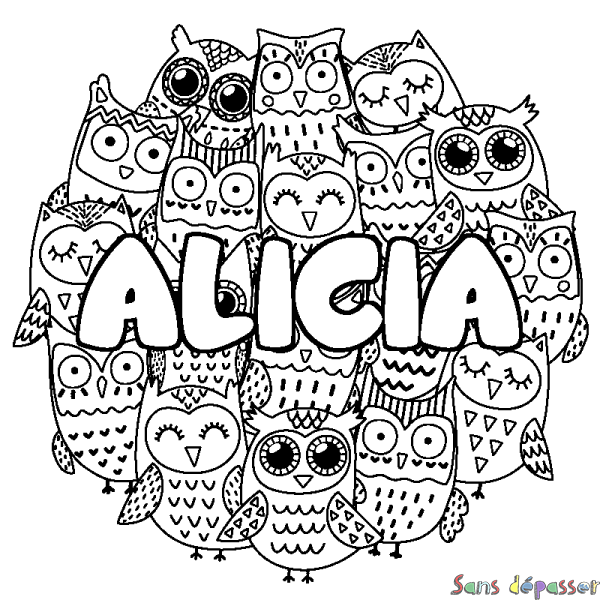 Coloriage pr&eacute;nom ALICIA - d&eacute;cor Chouettes