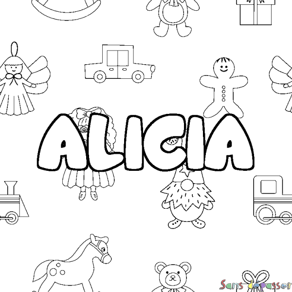 Coloriage pr&eacute;nom ALICIA - d&eacute;cor Jouets