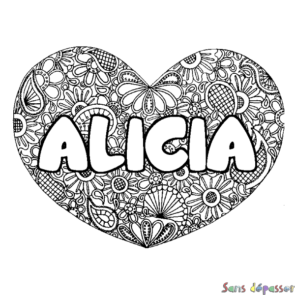 Coloriage prénom ALICIA - d&eacute;cor Mandala coeur