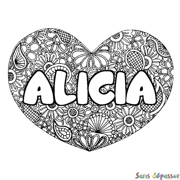 Coloriage pr&eacute;nom ALICIA - d&eacute;cor Mandala coeur