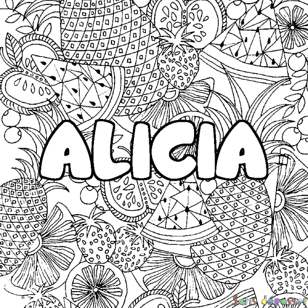 Coloriage prénom ALICIA - d&eacute;cor Mandala fruits