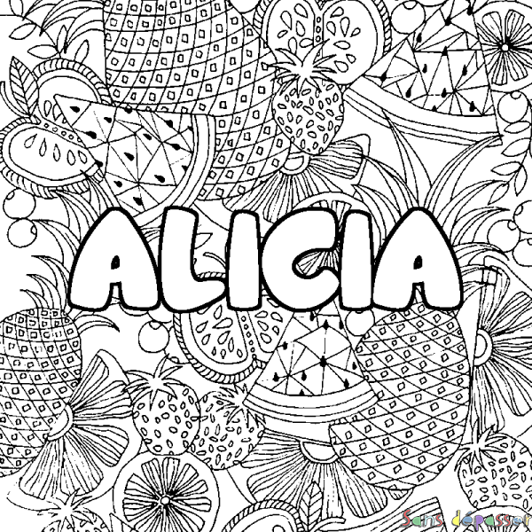 Coloriage pr&eacute;nom ALICIA - d&eacute;cor Mandala fruits