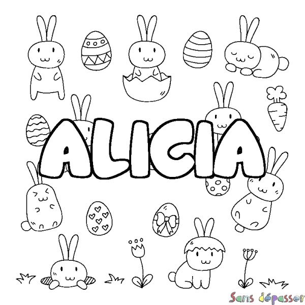 Coloriage pr&eacute;nom ALICIA - d&eacute;cor Paques
