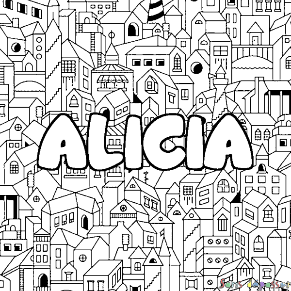 Coloriage prénom ALICIA - d&eacute;cor Ville