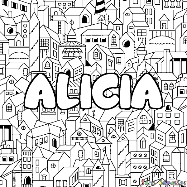 Coloriage pr&eacute;nom ALICIA - d&eacute;cor Ville