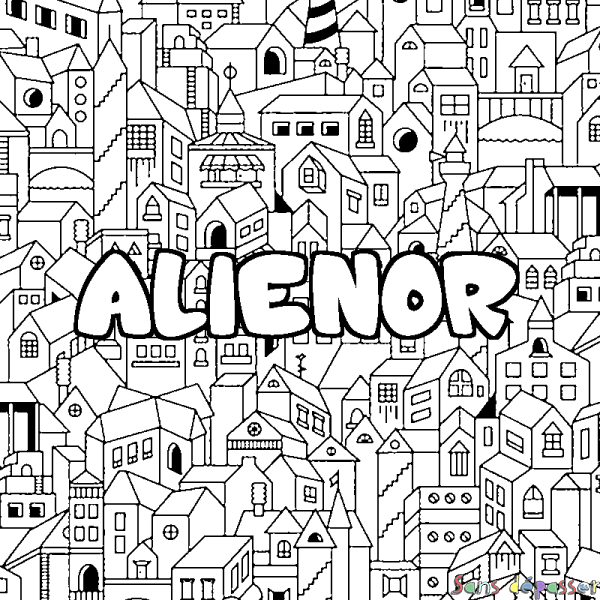 Coloriage pr&eacute;nom ALIENOR - d&eacute;cor Ville