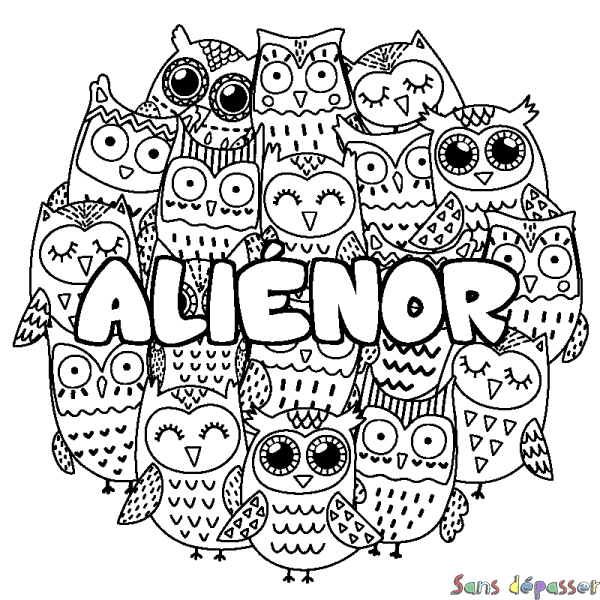 Coloriage pr&eacute;nom ALI&Eacute;NOR - d&eacute;cor Chouettes