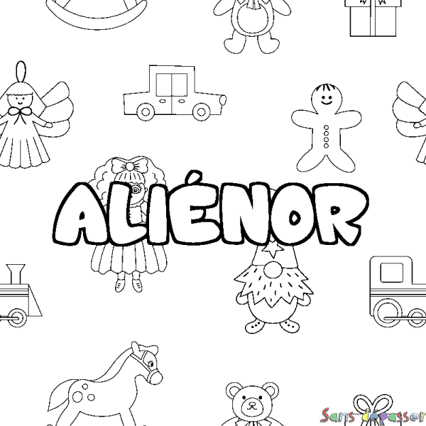 Coloriage pr&eacute;nom ALI&Eacute;NOR - d&eacute;cor Jouets