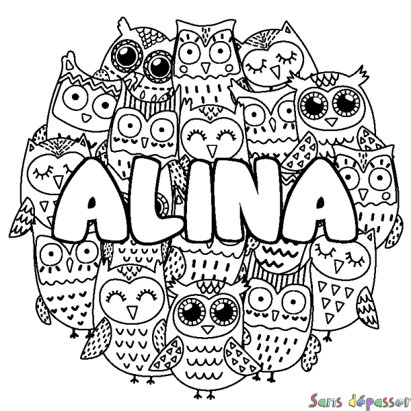 Coloriage pr&eacute;nom ALINA - d&eacute;cor Chouettes