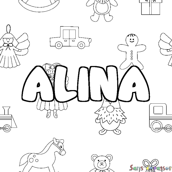 Coloriage pr&eacute;nom ALINA - d&eacute;cor Jouets