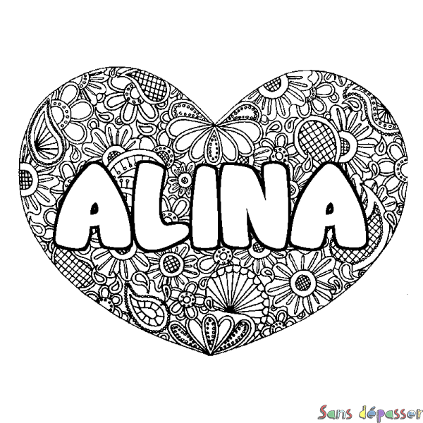 Coloriage pr&eacute;nom ALINA - d&eacute;cor Mandala coeur