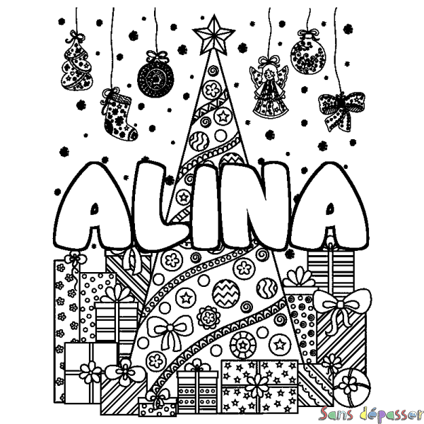 Coloriage prénom ALINA - d&eacute;cor Sapin et Cadeaux