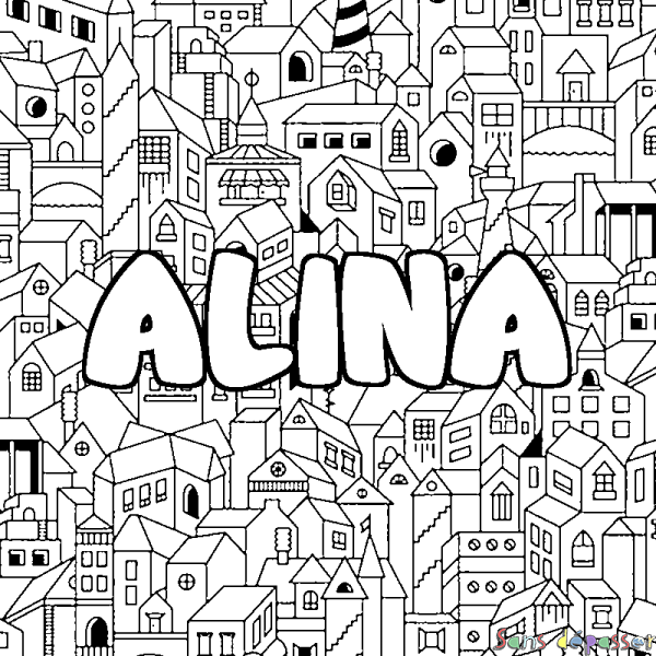 Coloriage pr&eacute;nom ALINA - d&eacute;cor Ville