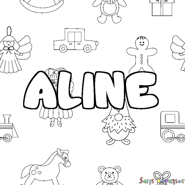 Coloriage pr&eacute;nom ALINE - d&eacute;cor Jouets
