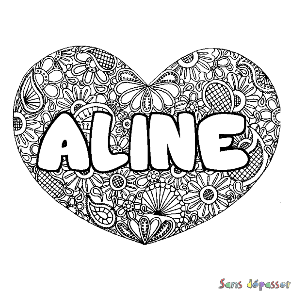 Coloriage pr&eacute;nom ALINE - d&eacute;cor Mandala coeur