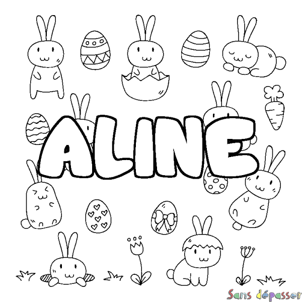 Coloriage pr&eacute;nom ALINE - d&eacute;cor Paques
