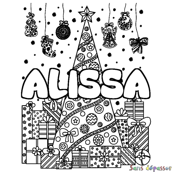 Coloriage prénom ALISSA - d&eacute;cor Sapin et Cadeaux