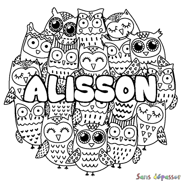 Coloriage pr&eacute;nom ALISSON - d&eacute;cor Chouettes
