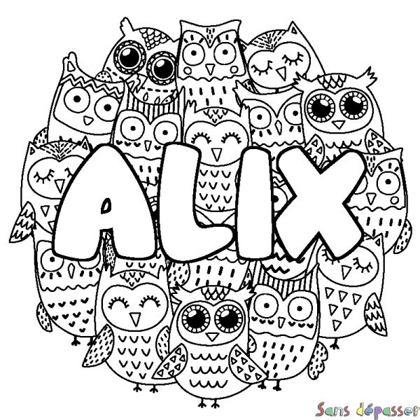 Coloriage pr&eacute;nom ALIX - d&eacute;cor Chouettes