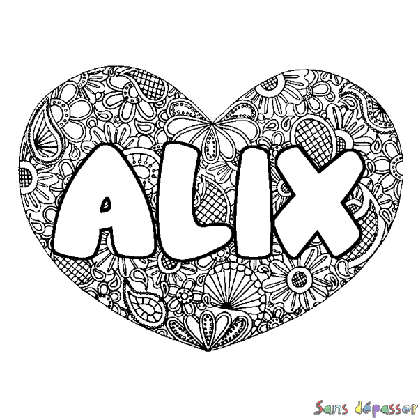Coloriage pr&eacute;nom ALIX - d&eacute;cor Mandala coeur