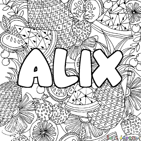 Coloriage pr&eacute;nom ALIX - d&eacute;cor Mandala fruits