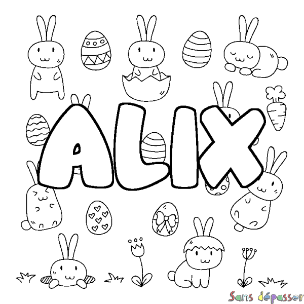 Coloriage pr&eacute;nom ALIX - d&eacute;cor Paques